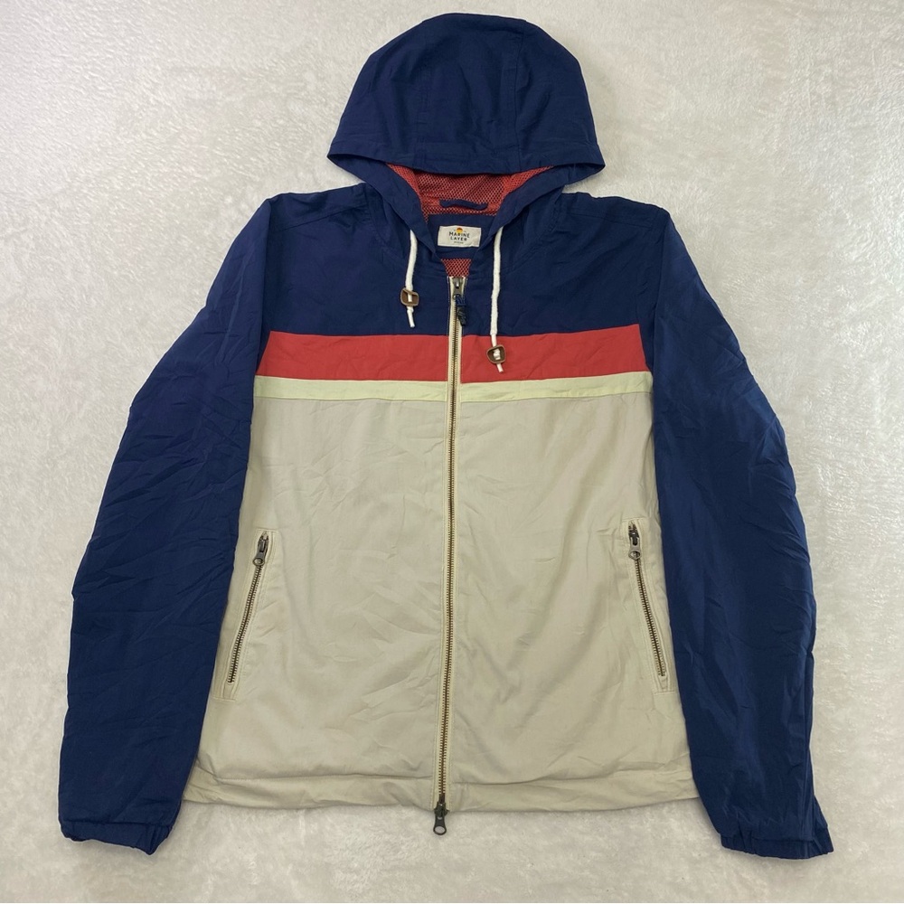 Marine Layer Freeman Stretch Twill Windbreaker Lined Tan Hooded Jacket Men's Med